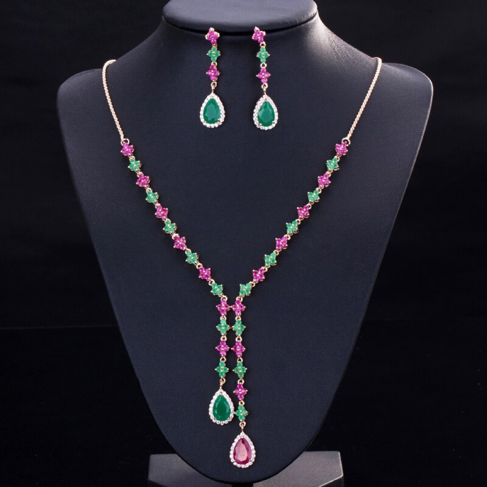 ThreeGraces New Fashion Colorful Cubic Zirconia Long Drop Earrings and Necklace Set for Women Trendy Party Costume Jewelry TZ827