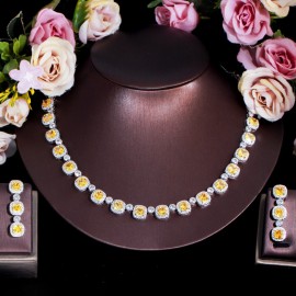 ThreeGraces New Shining Yellow Cubic Zirconia Luxury Bridal Wedding Banquet Earrings and Necklace Jewelry Set for Women TZ759