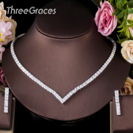 ThreeGraces New Shiny Full Cubic Zirconia Stones Earring Choker Necklace Sets for Women Wedding Party Jewelry Accessories JS129
