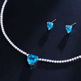 ThreeGraces New Trendy Cubic Zirconia Cute Light Blue Love Heart Stud Earrings and Necklace Party Jewelry Set for Women T0622