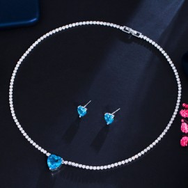 ThreeGraces New Trendy Cubic Zirconia Cute Light Blue Love Heart Stud Earrings and Necklace Party Jewelry Set for Women T0622