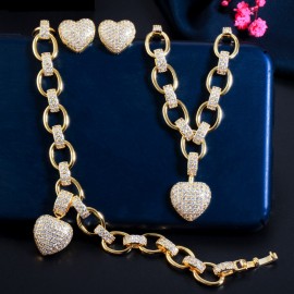 ThreeGraces New Trendy Cubic Zirconia Gold Color Love Heart Pendant Necklace Earrings Bracelet Set for Women Punk Jewelry TZ641