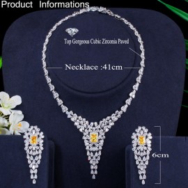 ThreeGraces Nigerian Luxury Bridal Big Long Leaf Drop Earrings and Necklace Wedding Jewelry Sets With Yellow Crystal JS594