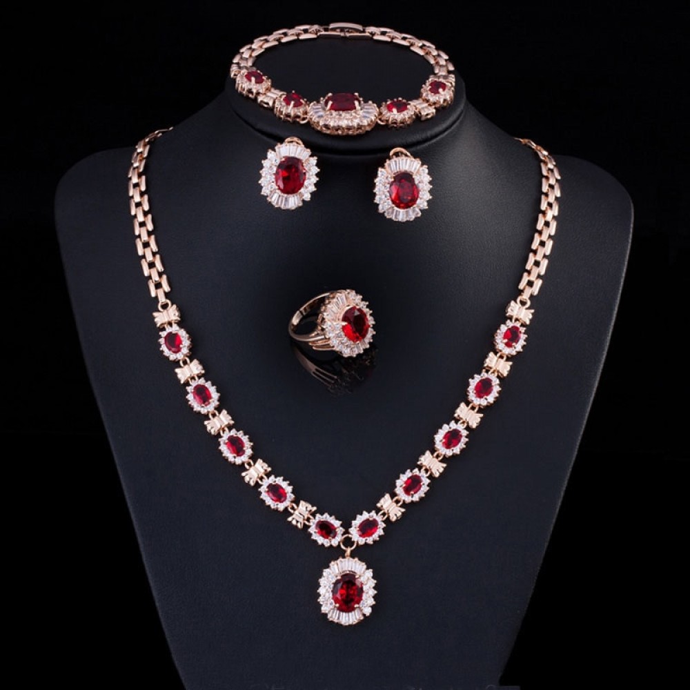 ThreeGraces Nigerian Women Red Cubic Zirconia Crystal Earing And Necklace Bracelets Ring Gold Color Wedding Jewelry Set JS167