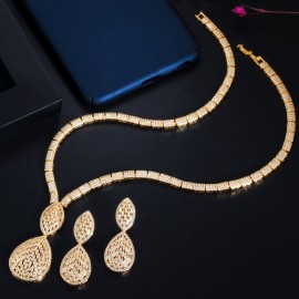 ThreeGraces Noble Big Water Drop Necklace Earrings Ladies Yellow Gold Color Wedding Banquet Cubic Zirconia Jewelry Sets TZ510