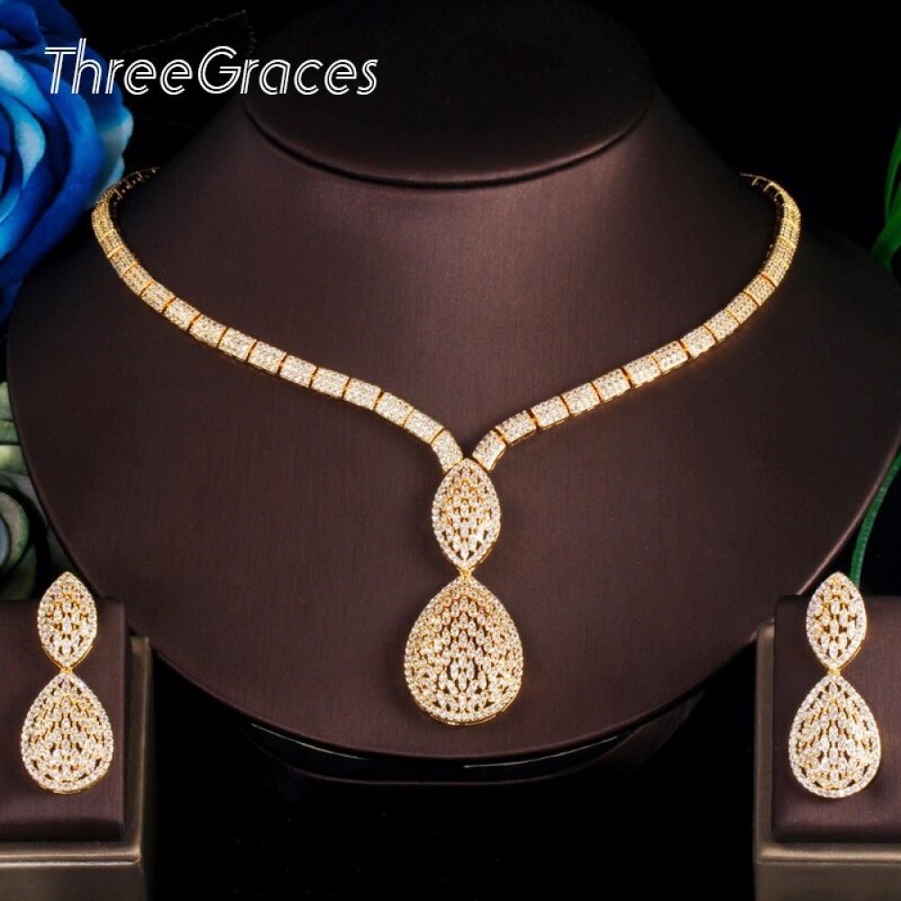 ThreeGraces Noble Big Water Drop Necklace Earrings Ladies Yellow Gold Color Wedding Banquet Cubic Zirconia Jewelry Sets TZ510