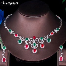 ThreeGraces Noble Green Red Oval Cubic Zircon Nigerian Dubai Bridal Wedding Necklace Earrings Jewelry Set for Brides TZ552