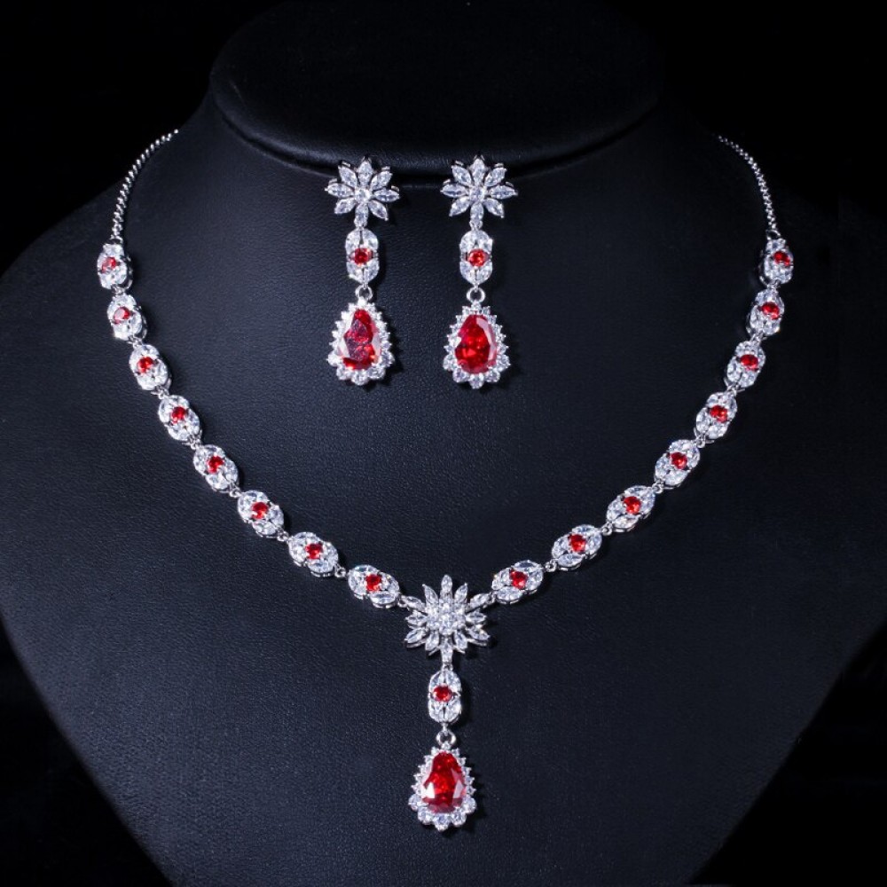 ThreeGraces Red Cubic Zirconia Crystal Silver Color Fashion Earrings and Necklace Set for Women Chic Party Costume Jewelry JS611