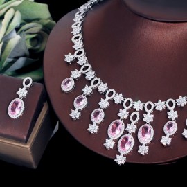 ThreeGraces Romantic Pink Cubic Zirconia Stone Long Tassel Drop Bridal Wedding Banquet Costume Jewelry Set for Women TZ782