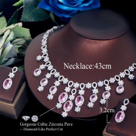 ThreeGraces Romantic Pink Cubic Zirconia Stone Long Tassel Drop Bridal Wedding Banquet Costume Jewelry Set for Women TZ782