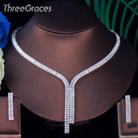 ThreeGraces Romantic Shiny White Cubic Zirconia Square Dangle Earrings and Necklace Bridal Wedding Jewelry Set for Brides TZ606