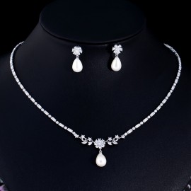 ThreeGraces Shining Cubic Zirconia Silver Color Simulated Pearl Earrings Necklace Fashion Flower CZ Jewelry Set for Women TZ839