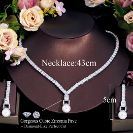 ThreeGraces Shining White Cubic Zirconia Simulated Pearl Drop Earrings and Necklace Bridal Party Jewelry Set for Women TZ7844