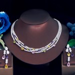 ThreeGraces Shiny Colorful Cubic Zirconia 3 Rows Multi Layer Bridal Wedding Choker Necklace Earrings Jewelry Set for Women TZ784