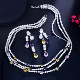 ThreeGraces Shiny Colorful Cubic Zirconia 3 Rows Multi Layer Bridal Wedding Choker Necklace Earrings Jewelry Set for Women TZ784