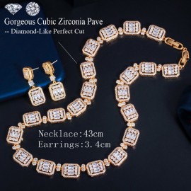 ThreeGraces Shiny Elegant White Baguette Cubic Zirconia Gold Color Women Wedding Party Necklace Earring Brides Jewelry Set TZ810