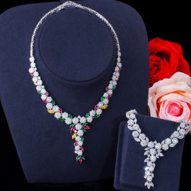 ThreeGraces Shiny Multicolor Flower Cubic Zirconia Long Wedding Bridal Necklace Earrings Costume Jewelry Sets for Women JS638