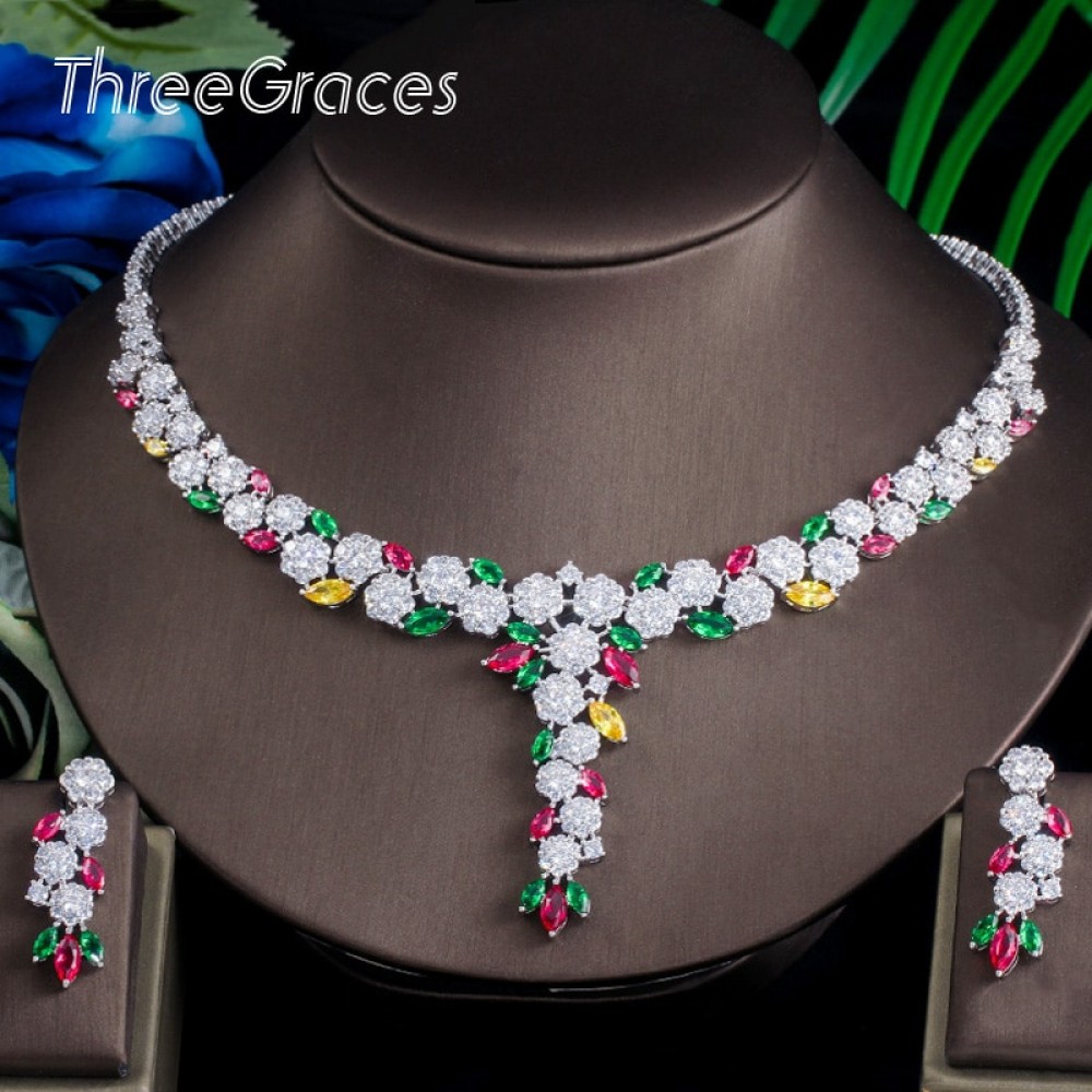 ThreeGraces Shiny Multicolor Flower Cubic Zirconia Long Wedding Bridal Necklace Earrings Costume Jewelry Sets for Women JS638