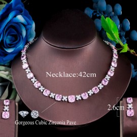 ThreeGraces Shiny Pink Cubic Zirconia Square Flower Dangle Earrings Necklace Set for Women Wedding Prom Costume Jewelry TZ643
