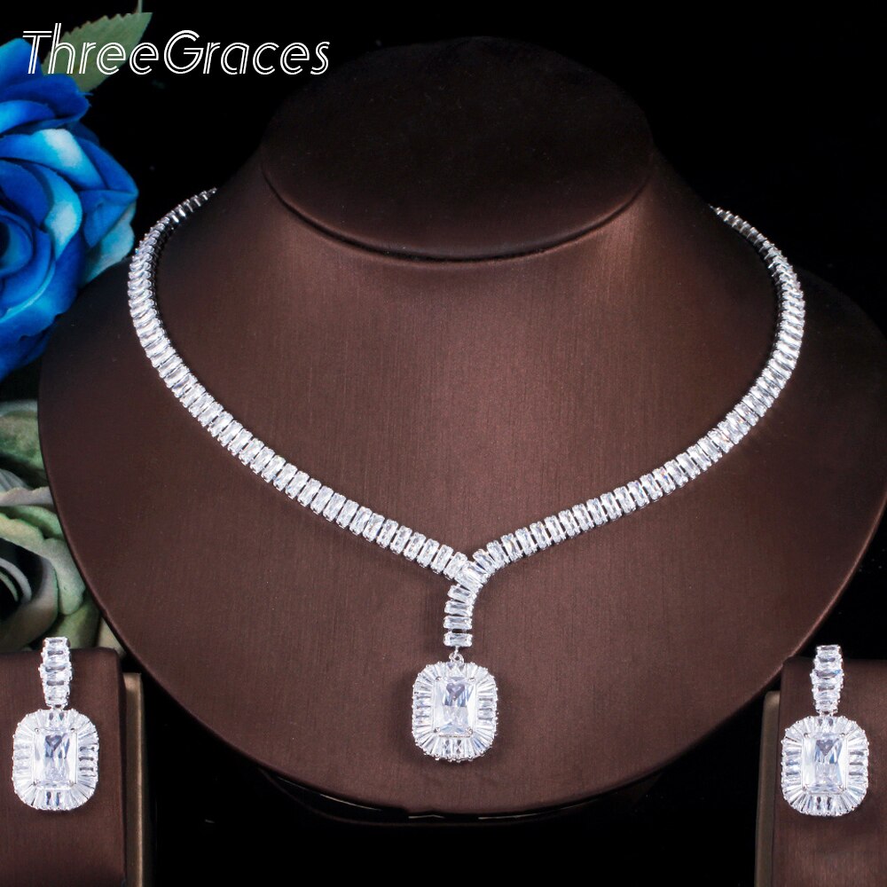 ThreeGraces Shiny White Cubic Zirconia Silver Color Big Square Dangle Earrings and Necklace Wedding Jewelry Set for Ladies TZ584