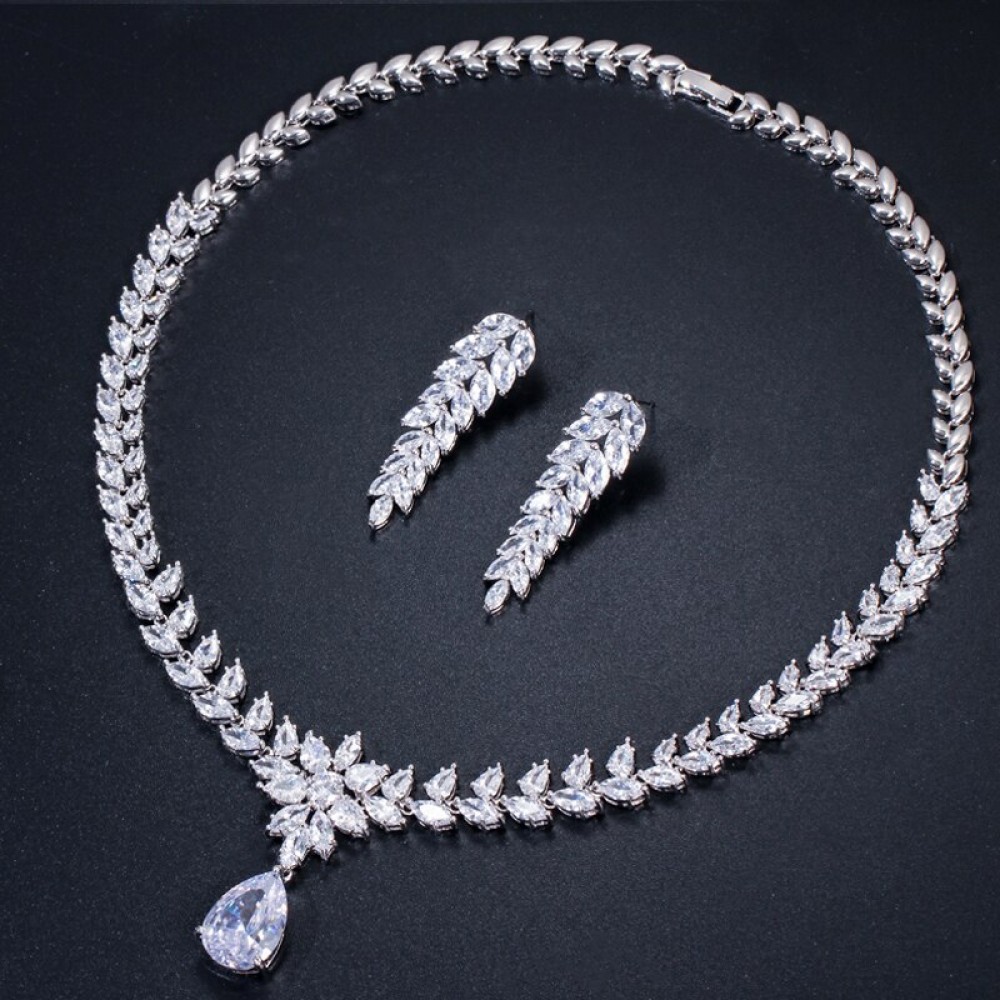 ThreeGraces Shiny White Cubic Zirconia Stone Luxury Leaf Drop Earrings and Necklace Bridal Wedding Jewelry Set for Women TZ789