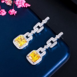 ThreeGraces Shiny Yellow Cubic Zirconia Geometric Square Shape Earrings Necklace Luxury Wedding Jewelry Set for Brides T0627