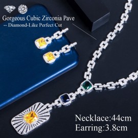 ThreeGraces Shiny Yellow Cubic Zirconia Geometric Square Shape Earrings Necklace Luxury Wedding Jewelry Set for Brides T0627