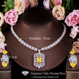 ThreeGraces Shiny Yellow Cubic Zirconia Stone Big Geometric Drop Earrings Necklace Bridal Wedding  Jewelry Set for Women TZ691