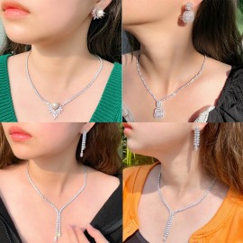 ThreeGraces Sparkling Cubic Zirconia Geometric Shape Elegant Drop Earrings Necklace Set for Women Trendy Party Jewelry TZ695