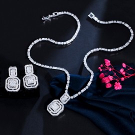 ThreeGraces Sparkling Cubic Zirconia Geometric Shape Elegant Drop Earrings Necklace Set for Women Trendy Party Jewelry TZ695