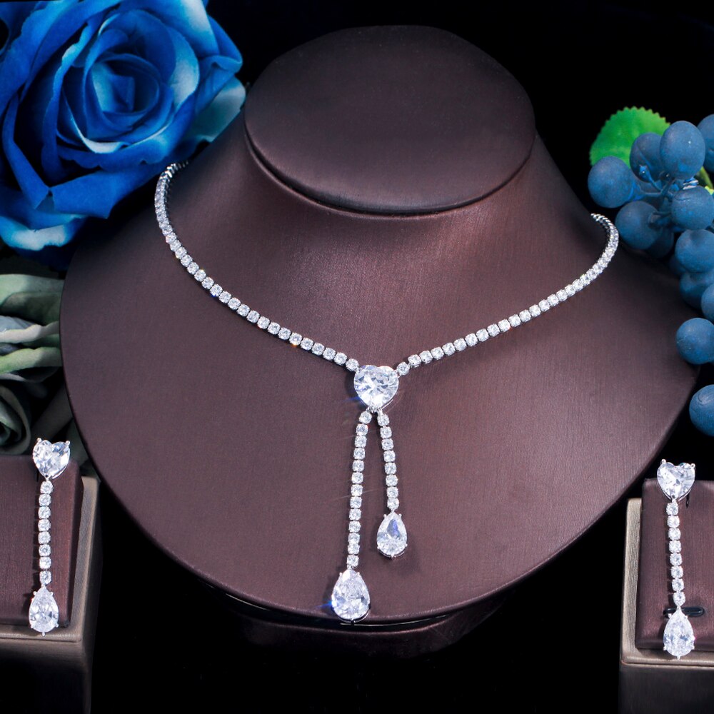 ThreeGraces Sparkling Cubic Zirconia Love Heart Shape Long Dangle Earrings Necklace Wedding Costume Jewelry Set for Women T0623