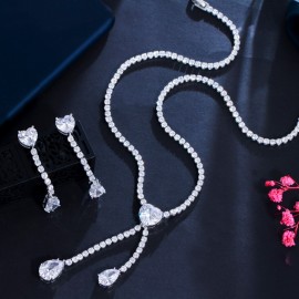 ThreeGraces Sparkling Cubic Zirconia Love Heart Shape Long Dangle Earrings Necklace Wedding Costume Jewelry Set for Women T0623