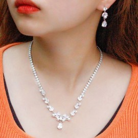 ThreeGraces Sparkling Cubic Zirconia Simulated Pearl Drop Earrings Necklace Set for Women Fashion Bridal Wedding Jewelry TZ713
