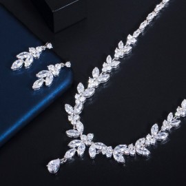 ThreeGraces Sparkling Marquise Cut Cubic Zirconia Leaf Drop Earrings Necklace Set for Women Fashion Party Costume Jewelry TZ698