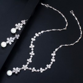 ThreeGraces Sparkling White Cubic Zirconia Leaf Shape Long Drop Pearl Earrings Necklace for Bridal Wedding Jewelry Set JS623