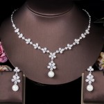 ThreeGraces Sparkling White Cubic Zirconia Leaf Shape Long Drop Pearl Earrings Necklace for Bridal Wedding Jewelry Set JS623