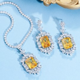 ThreeGraces Sparkly Yellow Cubic Zirconia Big Square CZ Earrings and Necklace Fashion Engagement Jewelry Set for Women TZ777