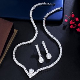 ThreeGraces Stunning Cubic Zirconia V Shape Bridal Wedding Party CZ Earrings Necklace Set for Women Fashion Prom Jewelry TZ759