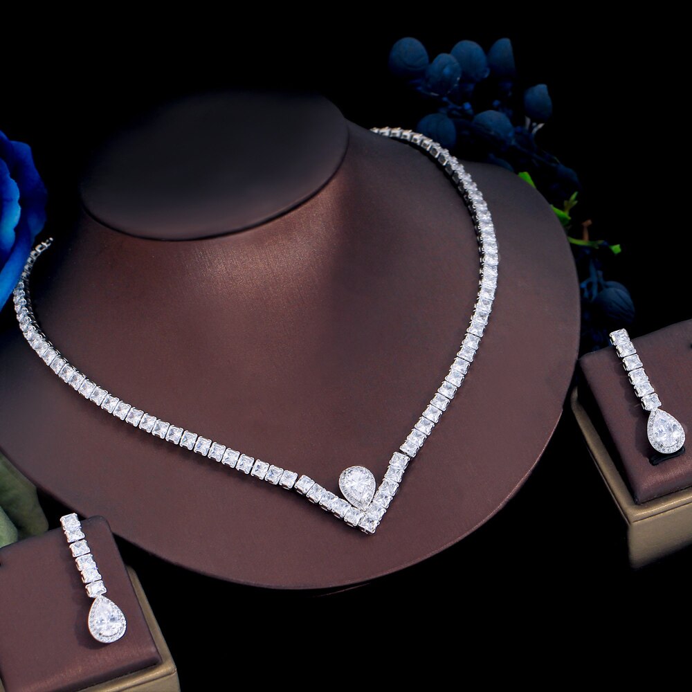 ThreeGraces Stunning Cubic Zirconia V Shape Bridal Wedding Party CZ Earrings Necklace Set for Women Fashion Prom Jewelry TZ759