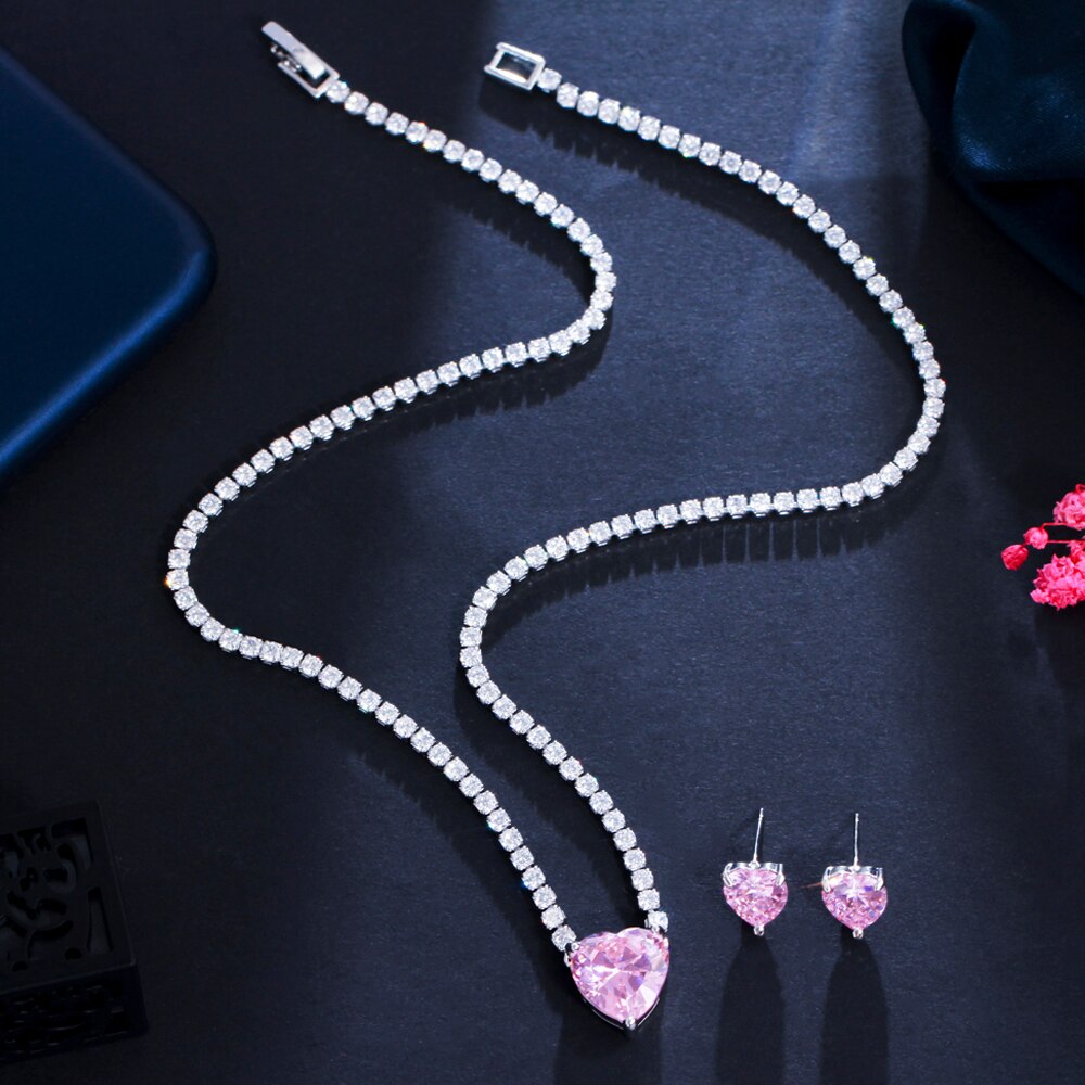ThreeGraces Stunning Pink Cubic Zirconia Chic Love Heart Necklace Earrings Set for Women Silver Color Beach Prom Jewelry T0621