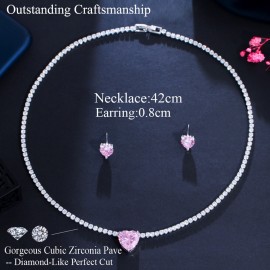 ThreeGraces Stunning Pink Cubic Zirconia Chic Love Heart Necklace Earrings Set for Women Silver Color Beach Prom Jewelry T0621