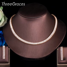 ThreeGraces Top Quality Cubic Zirconia Gold Color Shiny Square Link Earrings Necklace Set for Brides Wedding Party Jewelry TZ587