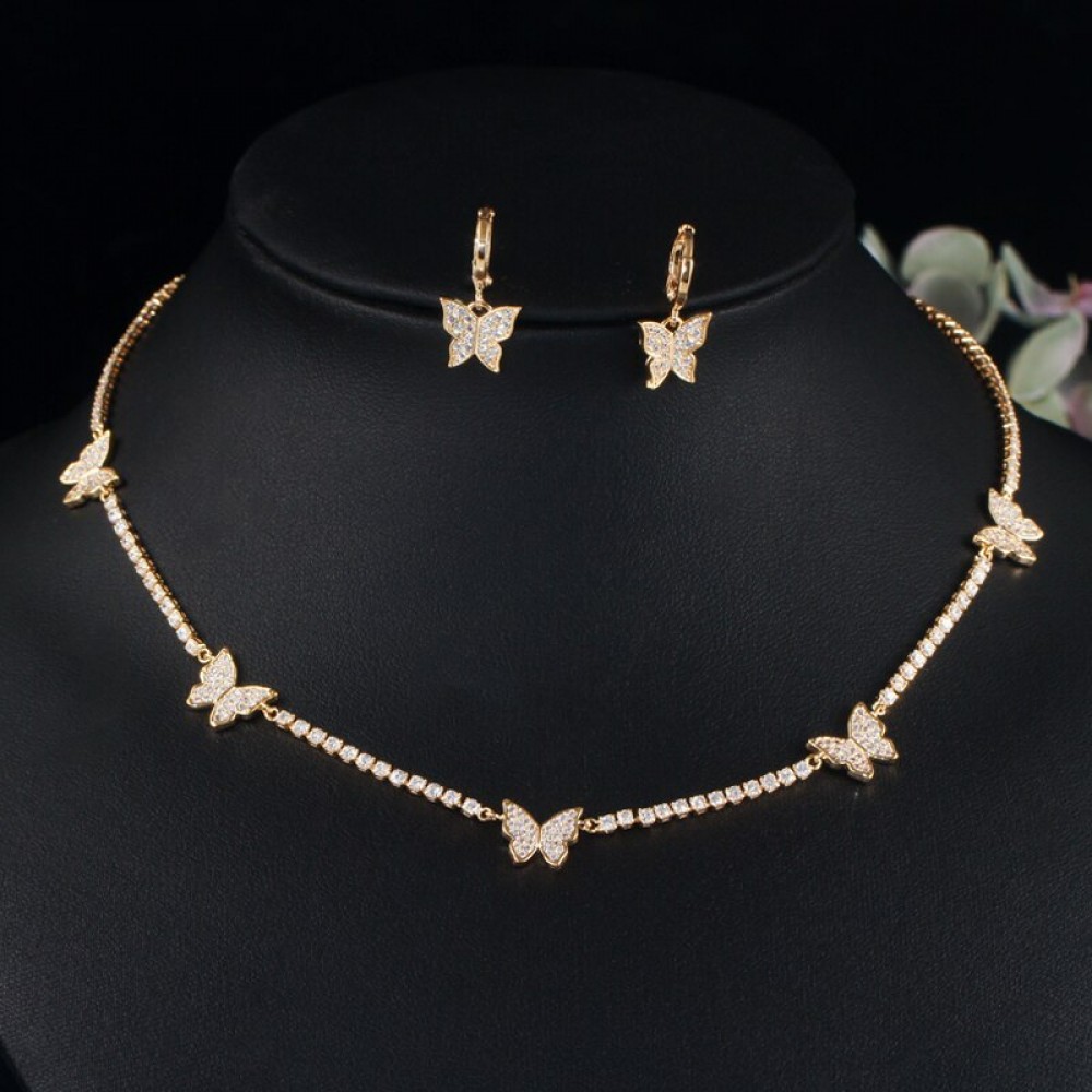 ThreeGraces Trendy White Cubic Zirconia Small Insect Butterfly Choker Necklace Earrings Set for Women Fashionable Jewelry TZ829