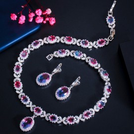 ThreeGraces Unique Rainbow CZ Crystal Round Drop Earrings and Necklace Sets for Ladies Fashioh Party Jewelry Accessories TZ589