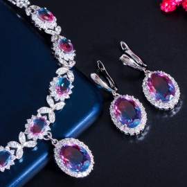 ThreeGraces Unique Rainbow CZ Crystal Round Drop Earrings and Necklace Sets for Ladies Fashioh Party Jewelry Accessories TZ589