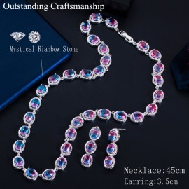 ThreeGraces Unique Rainbow CZ Crystal Round Shape Choker Necklace Earrings Jewelry Set for Women Party Festive Accessories TZ600