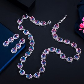 ThreeGraces Unique Rainbow CZ Crystal Round Shape Choker Necklace Earrings Jewelry Set for Women Party Festive Accessories TZ600