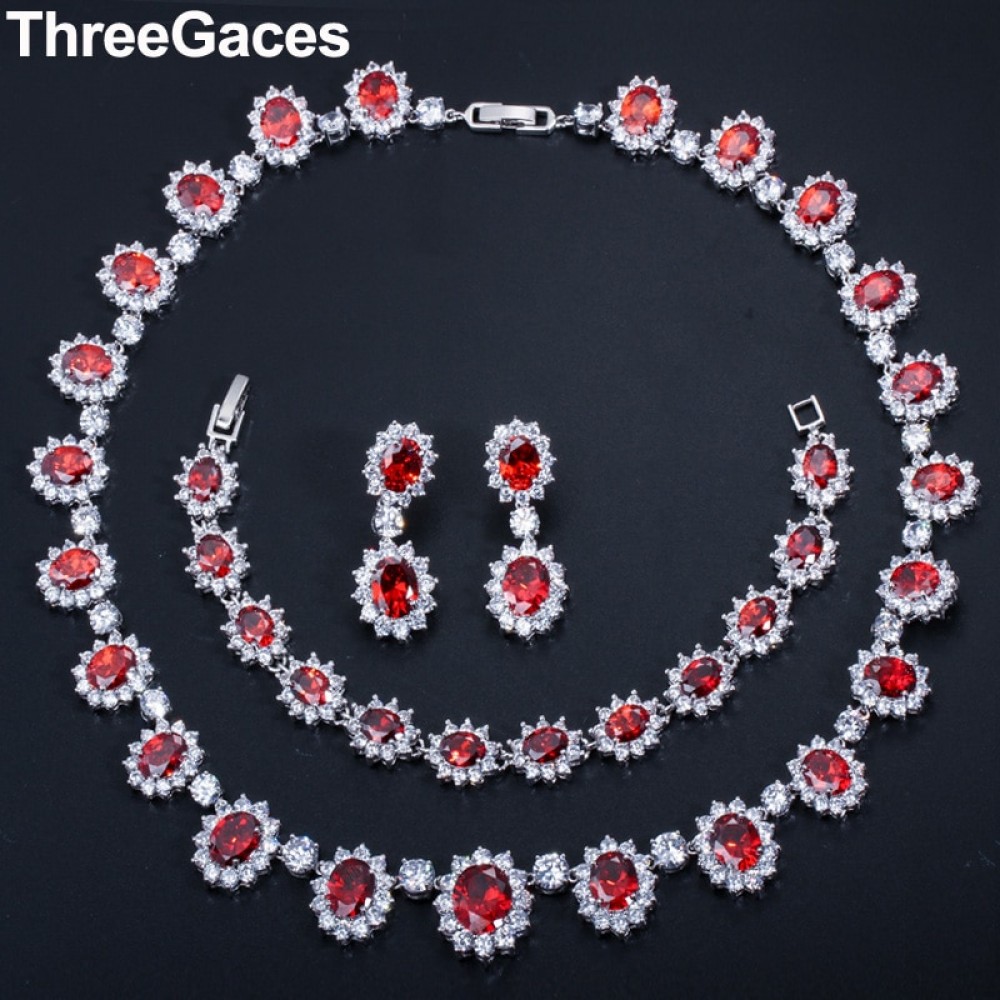 Threegraces 3Pcs Luxury Oval Shape Red Cubic Zirconia Big Dangle Earrings Necklace Bracelet Wedding Jewelry Set for Women JS156