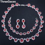 Threegraces 3Pcs Luxury Oval Shape Red Cubic Zirconia Big Dangle Earrings Necklace Bracelet Wedding Jewelry Set for Women JS156