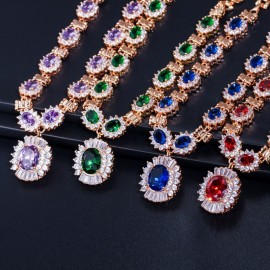 Threegraces Luxury Gold Color Oval Dark Bule Cubic Zirconia Stone Earrings Necklace Dubai Bridal Jewelry Sets for Women JS173